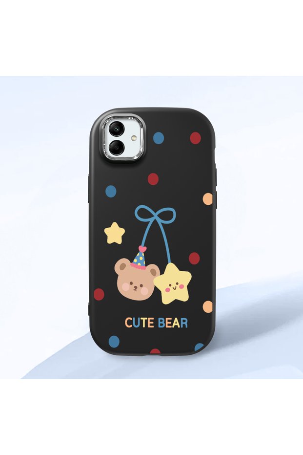Samsung Galaxy A04 Compatible Case Camera Protector Black Silicone Couple Phone Case with Bear Pattern