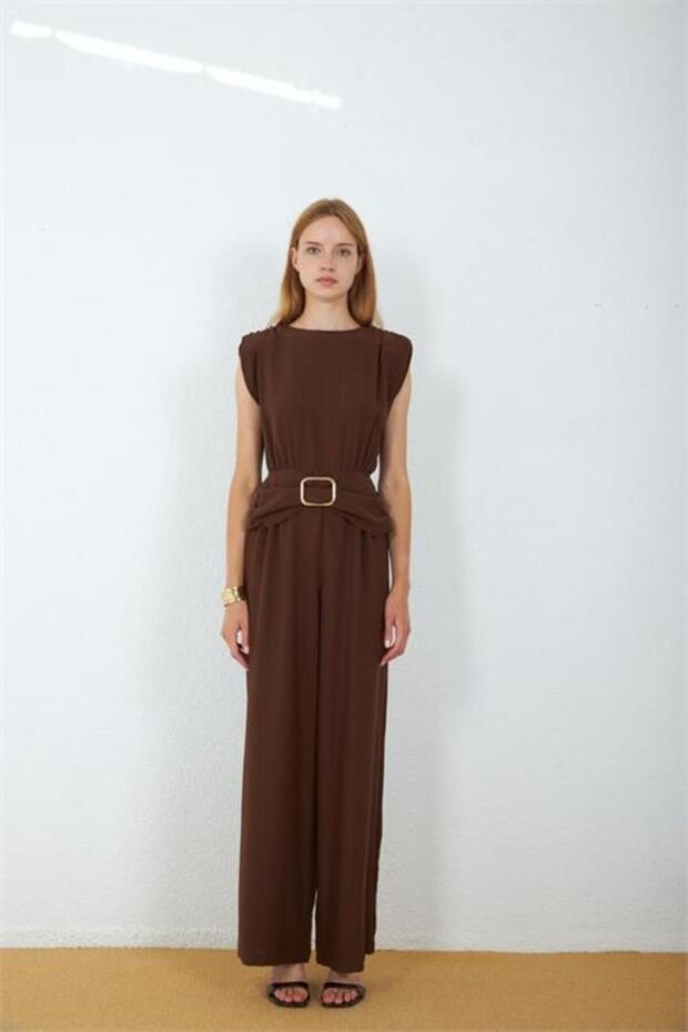 Women's Brown Belted Draped Waist Detailed Zero Sleeve Full Length Jumpsuit Nbmy4043