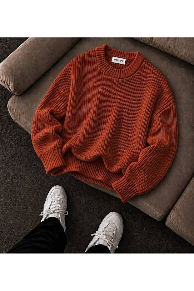 Men's Oversize Thessaloniki Knitted Sweater Crew Neck Basic Comfortable Fit Premium Soft Textured Daily Winter Sweater