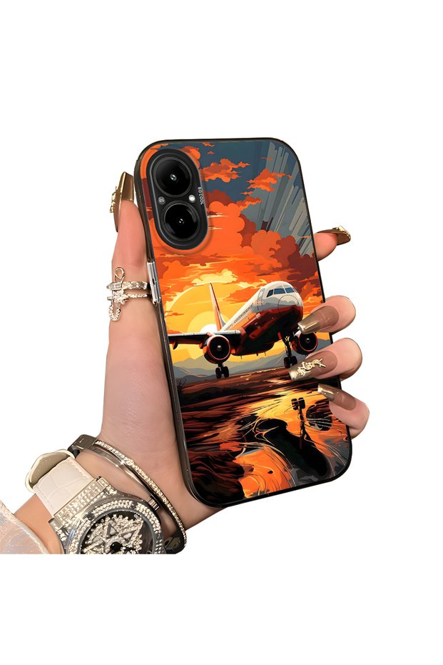 Realme 12 Lite Compatible Silicone Edge Hard Back Case Couple Phone Case with Airplane Pattern