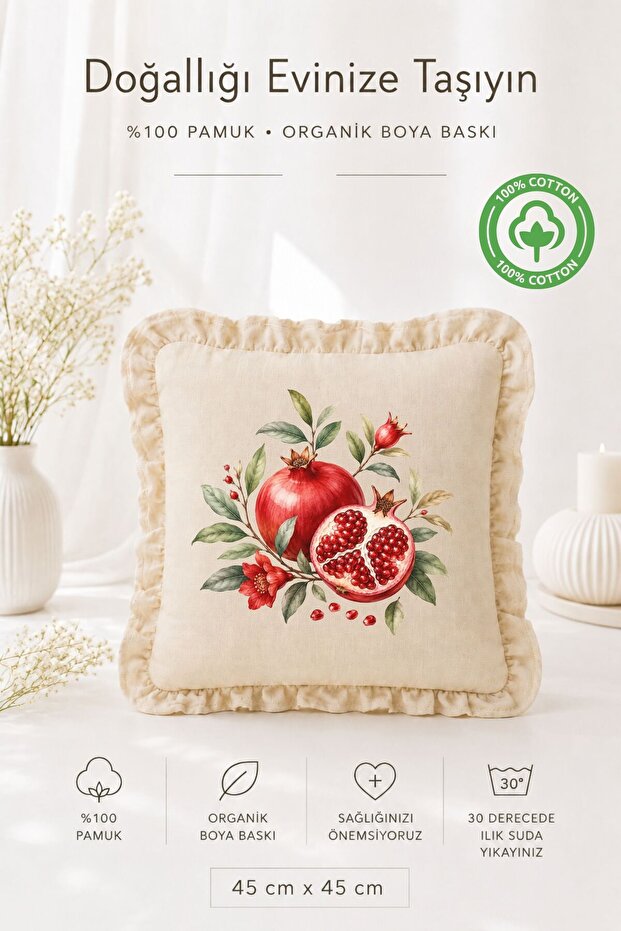 Frilly Abundance Pomegranate Patterned Throw Pillow Cover 100% Cotton Organic Printed Decorative Pillowcase 45X45 cm 1 Piece