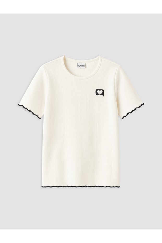 Peak New Season Ecru Crew Neck Embroidered Girls' T-Shirt