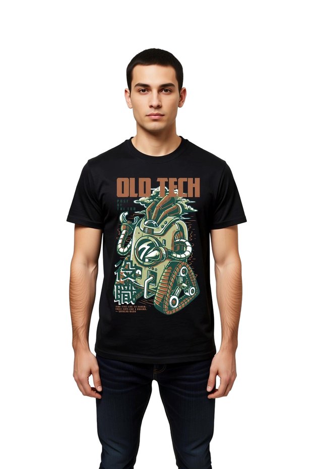 Men's Retro Technology Printed T-Shirt Nostalgia Themed Digital Print Relaxed Fit Casual Wear Modern