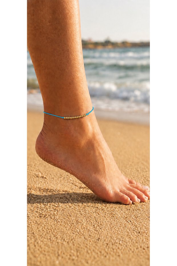 Gold Beaded Blue Rope Minimal Anklet
