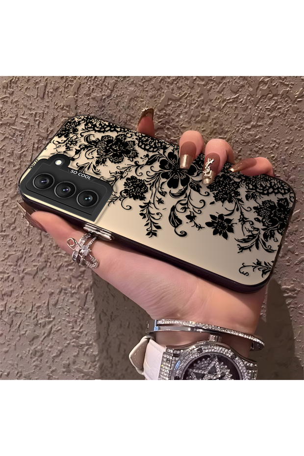 Samsung Galaxy S22 Compatible Elegant Black Lace Flower Pattern Case, High Quality Matte Phone Case
