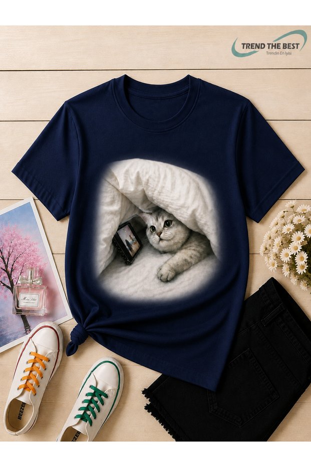 Summer Cat Secretly Watching Phone Printed Unisex Girls Boys Kids and Adult Single T-Shirt