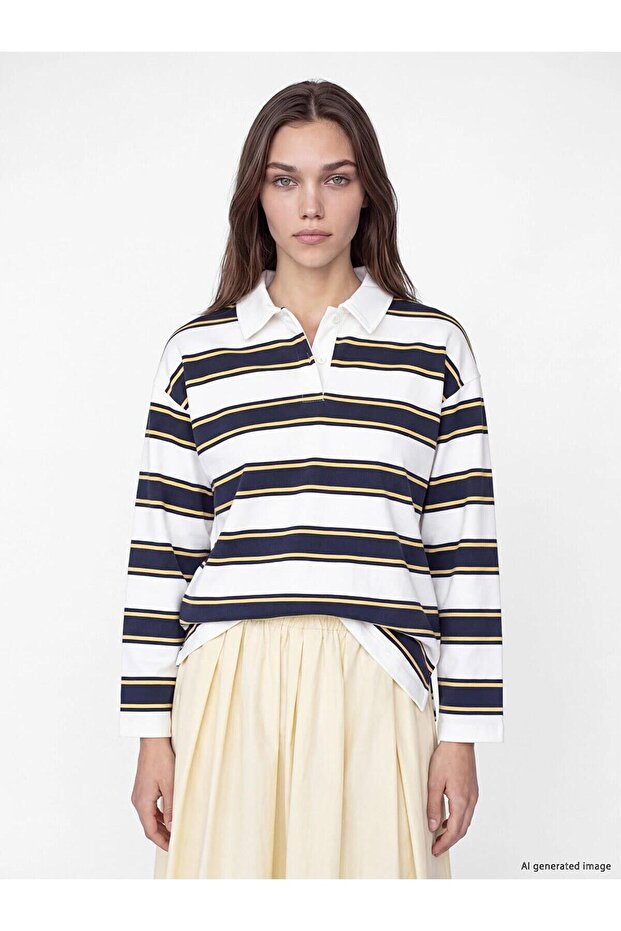 Mixed Polo Collar Striped Oversize Women's Sweatshirt Tunic (W6)