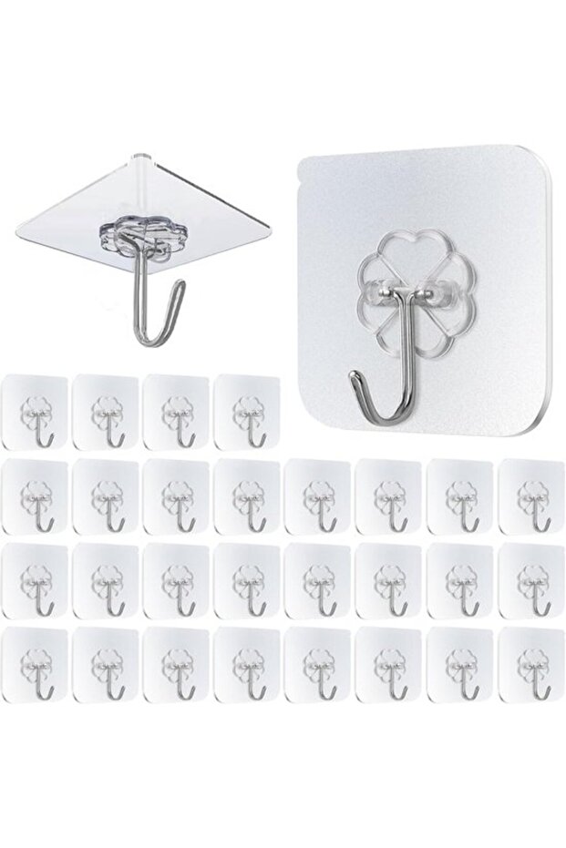 30-pack of super strong transparent adhesive hooks, suitable for bathrooms, kitchens, walls and ceilings, maximum load capacity 10 kg.