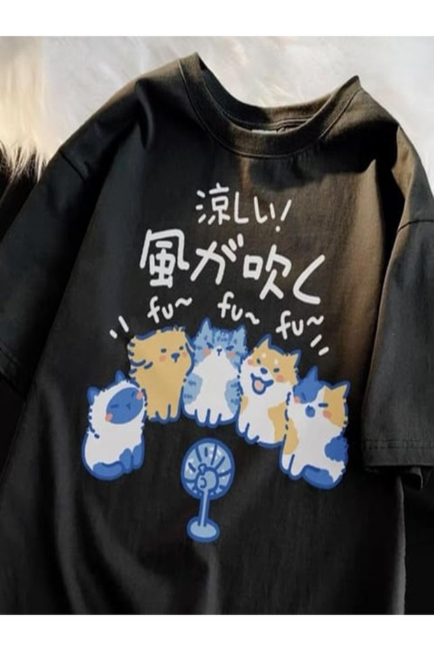 Chouze Wind Blowing Cat Printed Black Unisex Oversize T-Shirt