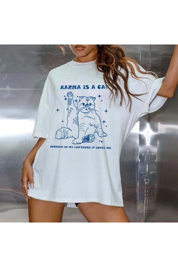 Mi̇ngalondon Karma Is a Cat Printed White Unisex Oversize T-Shirt