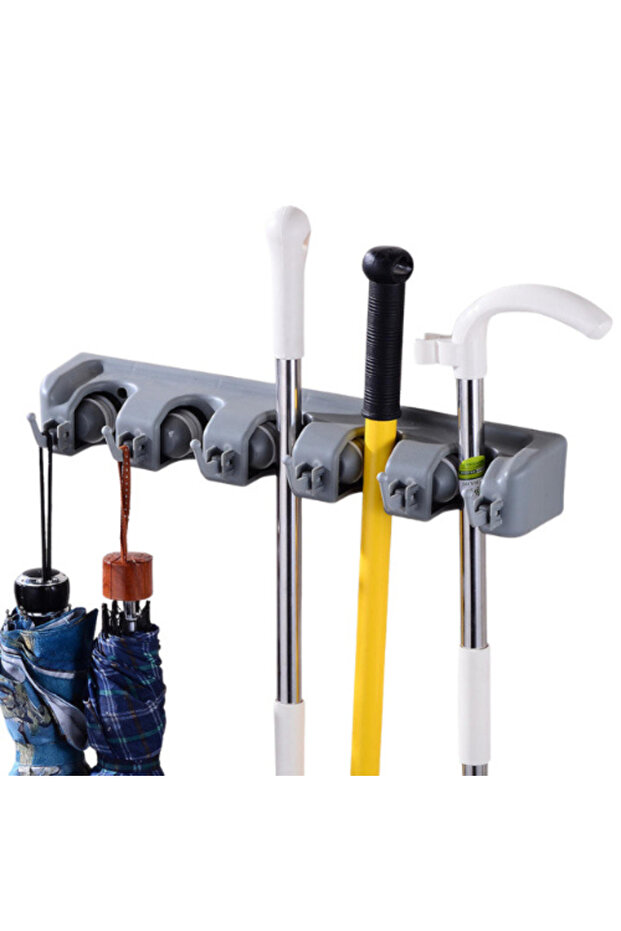 Wall-mounted organizer and holder for brooms and mops, 5 self-locking slots + 6 foldable hooks
