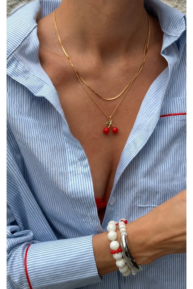 Italian Chain and Cherry Double 316L Steel Necklace 45 cm + 5 cm Extension