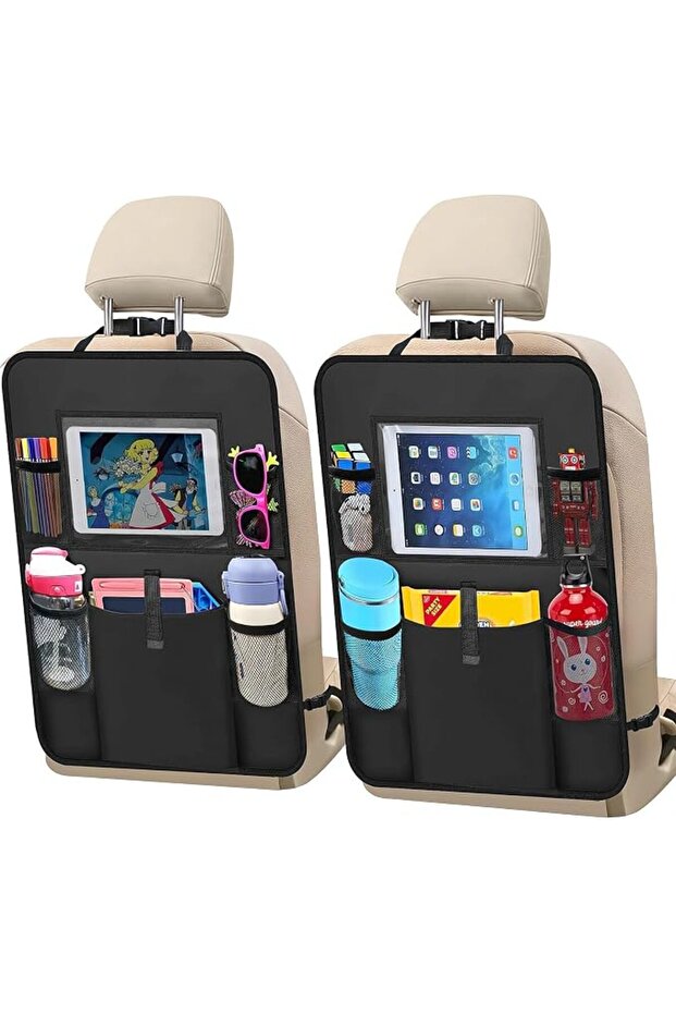 Backseat Car Organizer, 2-Pack Waterproof Kick Mats, with Touchscreen Tablet Holder, Durable Seat Ba