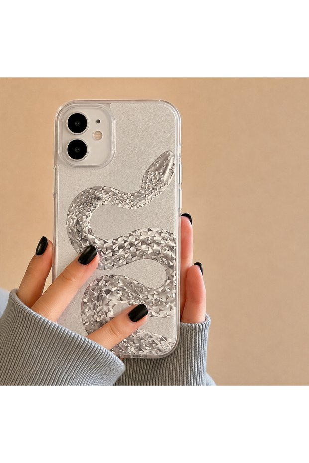 iPhone 11 Compatible - Aura Snake (Silver), (Internally Printed), Patterned Protective Case with Transparent Shiny Sides