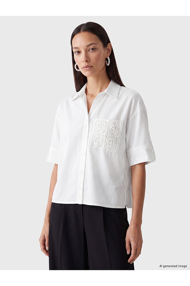 Lcw Everyday White Embroidered Women's Shirt with Pockets