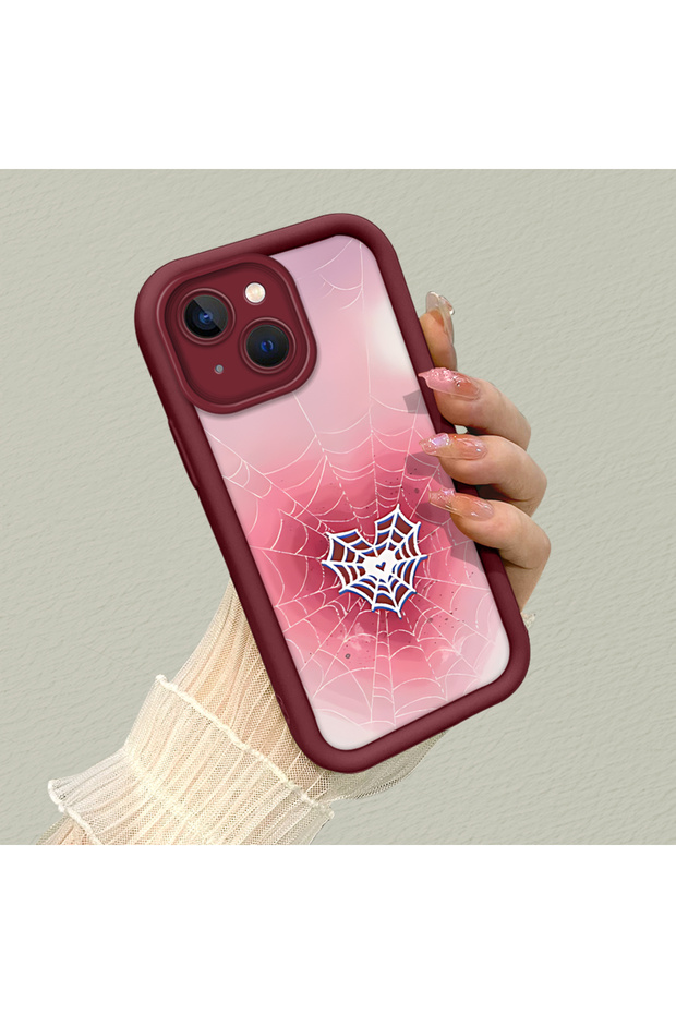 iPhone 14 Plus Compatible Pink Gradient Heart Spider Web Pattern Silicone Case