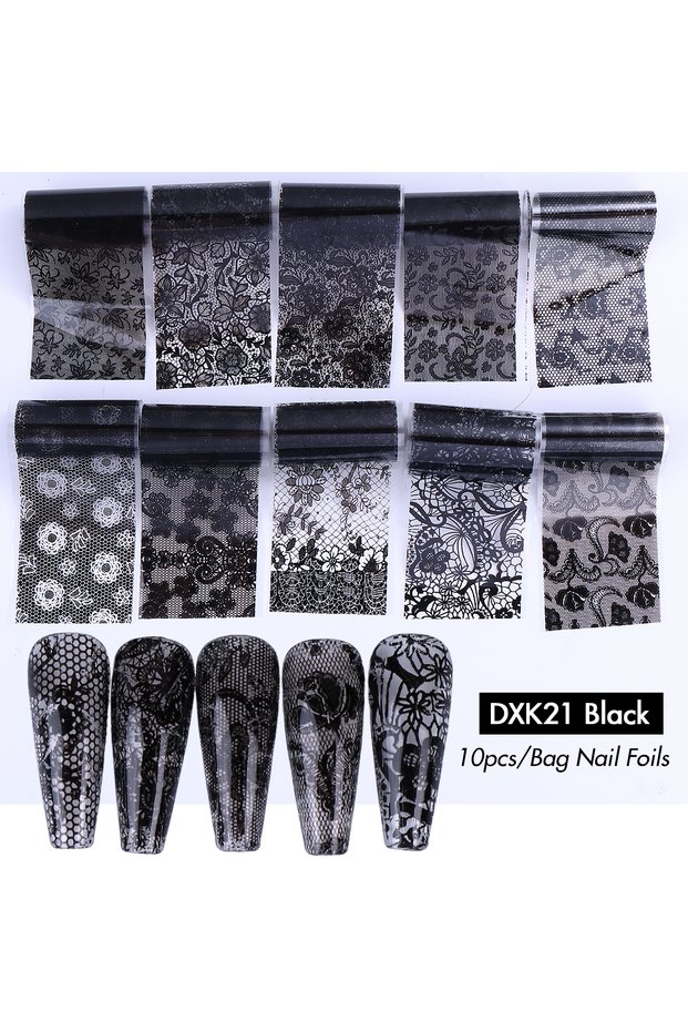 DXK21 Black pack 10PCS Mixed Nail Art Foils Transfer Sticker Set Rose Flower Designs Floral Starry S