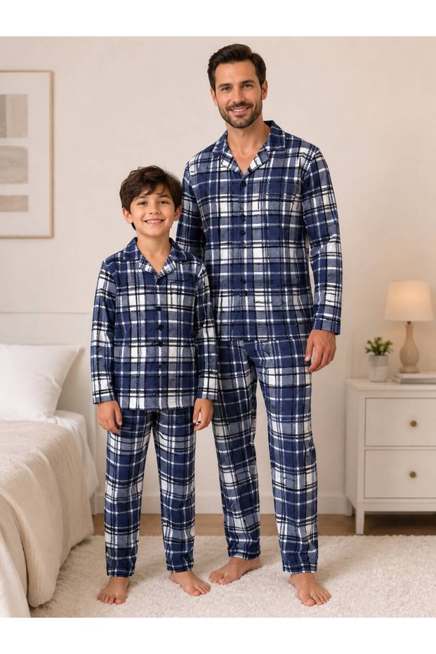 Father-Son Boy Child Gray Blue Plaid Winter Shirt Collar Buttoned Sleep Band Pajama Set Cotton Milan Fabric