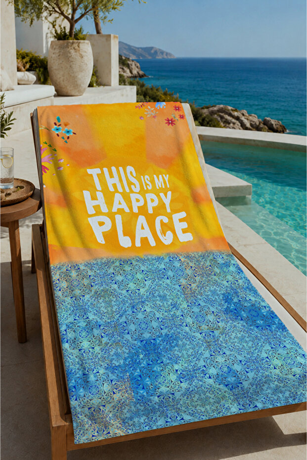 Orange Happy Place Written Sea Patterned 70X150 Beach Towel - Digital Printed Fade-Resistant Bath Towel