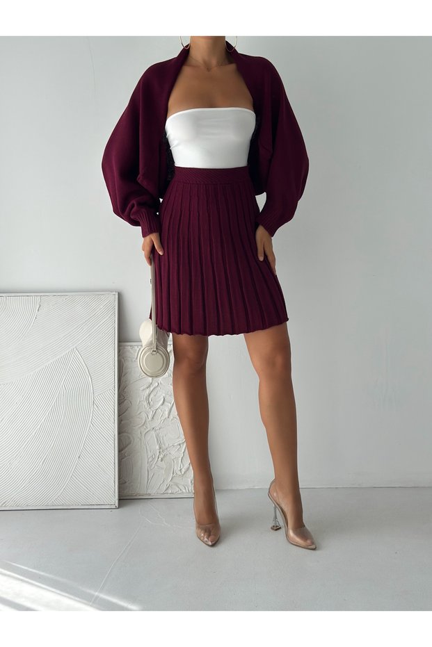 Women's Pleated Skirt Bolero Top and Bottom Knitwear Set Standard Size Sml Compatible