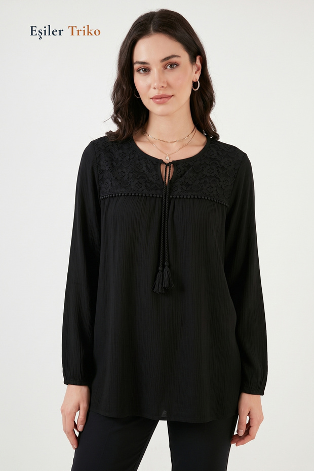 Women's Lace Detail, Lace-Up Collar, Crinkle Fabric Blouse
