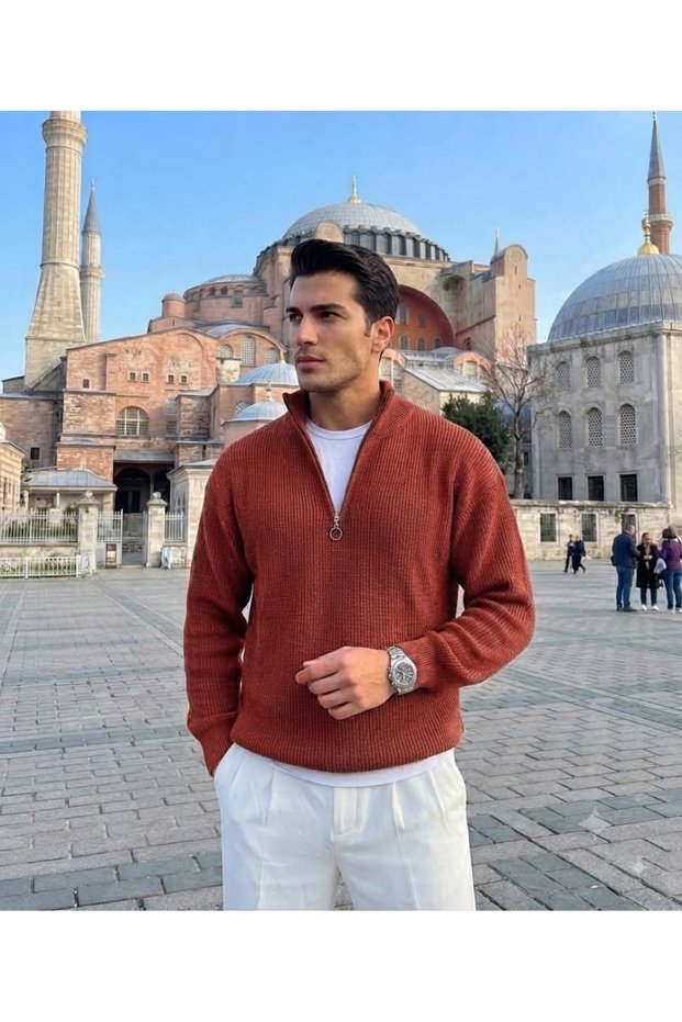 Men's Winter Thick 100% Cotton Stand-Up Collar Basic Knitwear Sweater