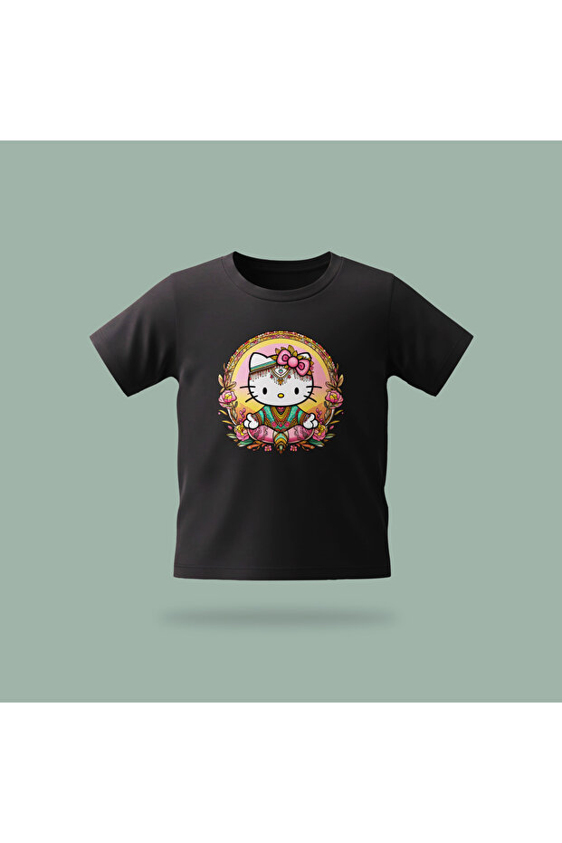 Kids' Kitty Yoga Patterned Printed T-Shirt 100% Cotton Single Jersey Fabric - Black