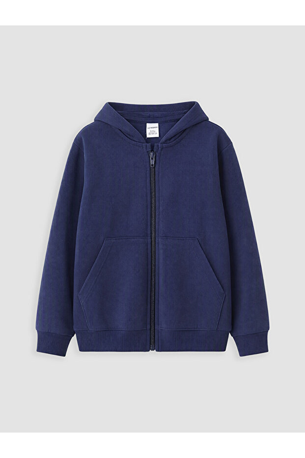 Navy Blue Hooded Boy's Zippered Sweatshirt