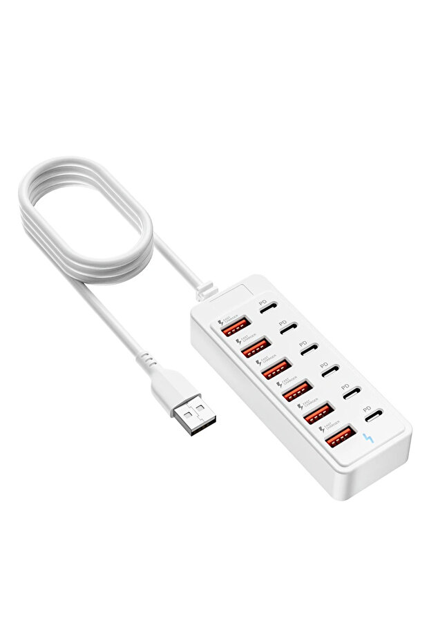 شاحن USB أبيض بـ 12 منفذ، 6 منافذ USB-A و6 منافذ USB-C، محطة شحن مكتبية سريعة متعددة المنافذ