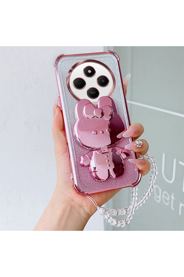 Redmi 14C 4G Case & Strap Pink Luxury Shockproof Phone Case with Rabbit Makeup Swivel Stand Crystal