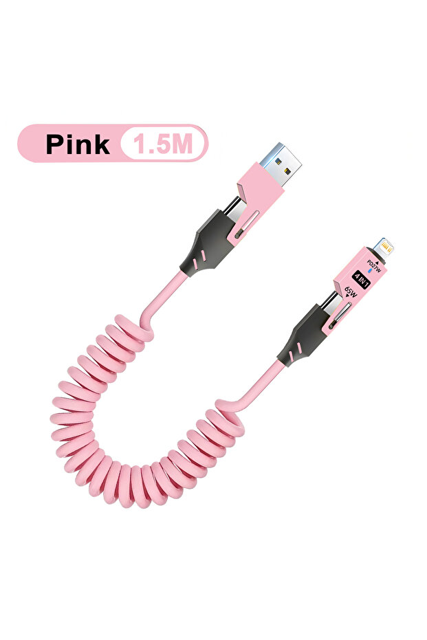 Pink 4 in 1 PD 27W 65W Fast Charging Spring Cable USB Type C To Type C And Lightning Data Cable Wire