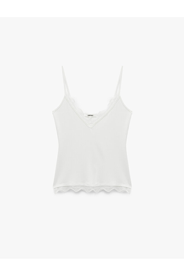 Regular Fit Threaded Strap V-Neck Lace Detailed Undershirt
