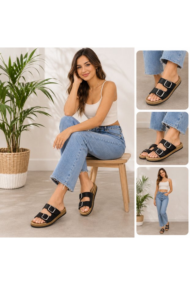 Women's glitter double buckle slippers