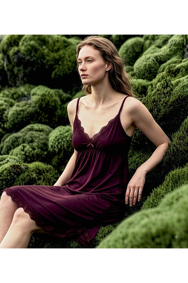 Women's Plum Lace Nightgown with Rope Straps