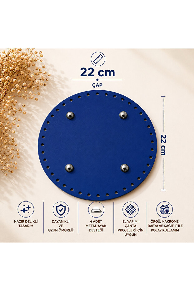 Round Cobalt Blue Bag Base 22 cm – with Pre-Drilled Holes and 4 Metal Legs