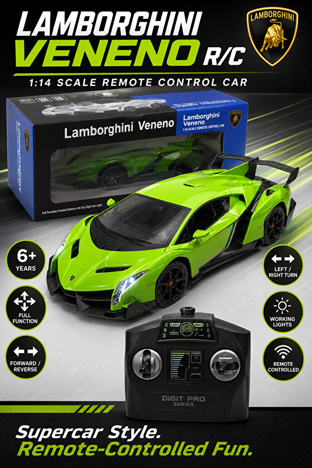 Lamborghini Veneno 1:14 Scale Remote Control Car – Lime Green R/C Supercar with Working Lights, Full Function Forward/Reverse & Left/Right Steering, Remote Controller, 6+ Years