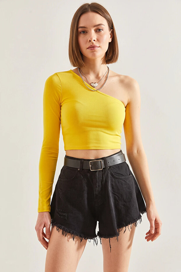 Women's Long One-Shoulder Crop Yellow Blouse