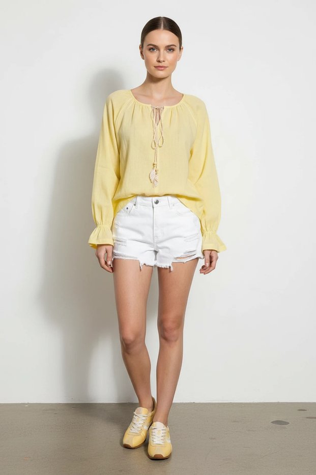 Women's Tie Collar, Flounce Sleeve Detailed, Linen Textured Yellow Blouse