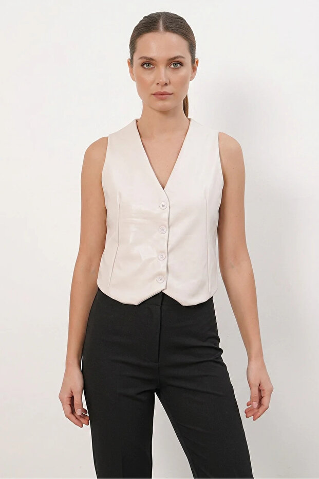 Women's V-Neck Buttoned Beige Vest