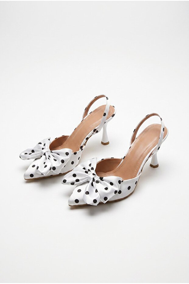 Women's Polka Dot Patterned Bow Detailed Thin Heeled Slingback Stiletto Shoes White