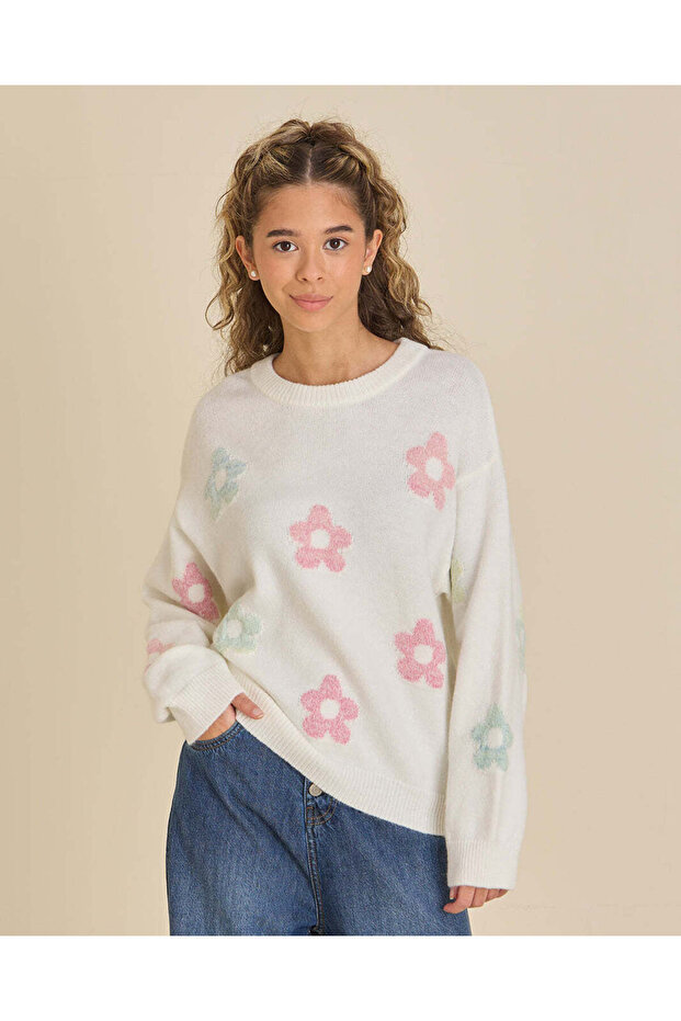 Senior Girls Ivory Multi Floral Pullover