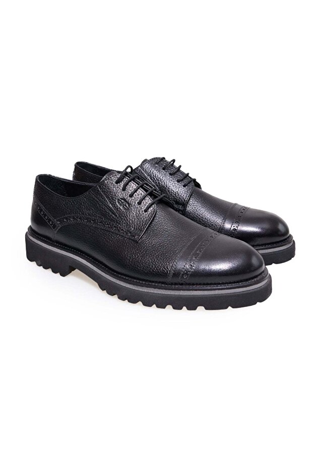 Black Color Lace-Up Genuine Leather Men's Shoes