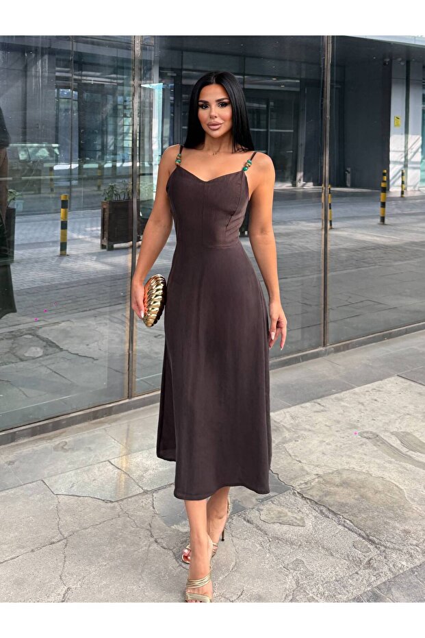 Brown Thin Beaded Strap A-Line Summer Midi Dress 8136