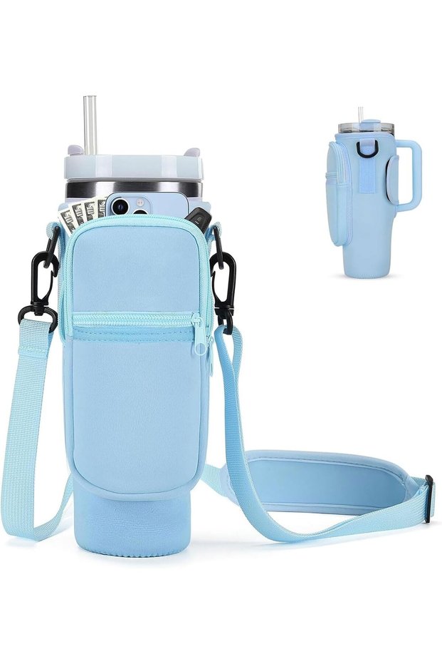 Water Bottle Carrier Bag with Phone Pocket for Stanley 40oz Tumbler with Handle, Water Bottle Holder Pouch with Adjustable Shoulder Strap & Straw Cover for Hiking Travelling Camping (blue)
