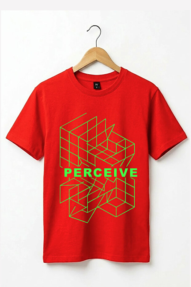 Perceive Written Geometric Neon Patterned Graphic Printed Y2K Street Wear 100% Cotton Crew Neck Basic Tshirt