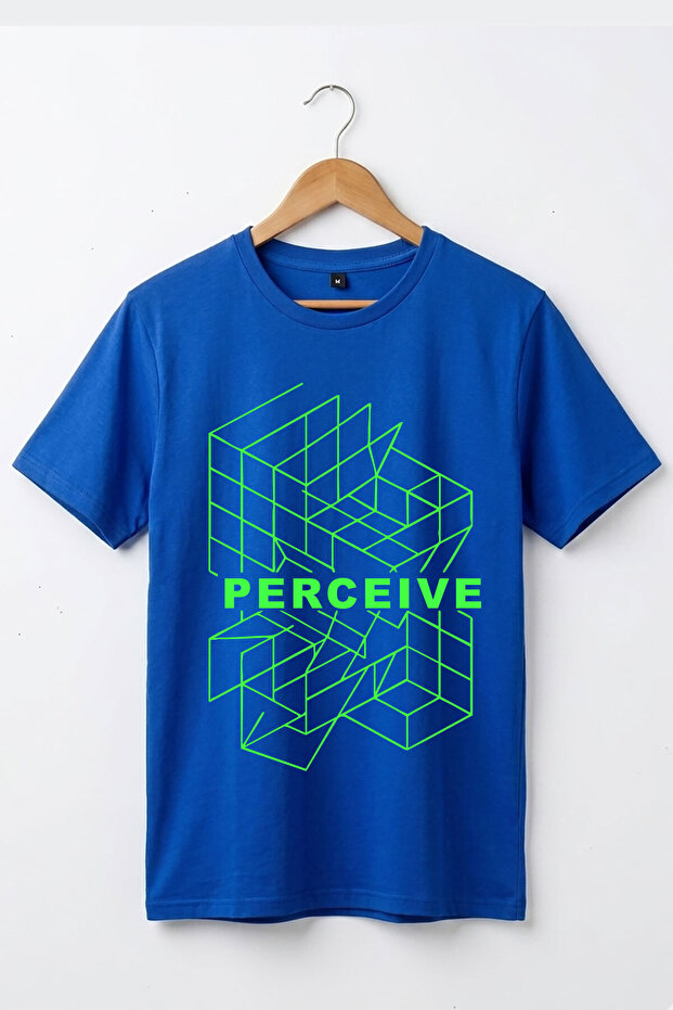 Perceive Written Geometric Neon Patterned Graphic Printed Y2K Street Wear 100% Cotton Crew Neck Basic Tshirt