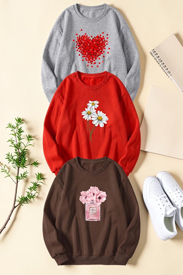 Unisex Mixed Printed Crew Neck Sweatshirt Set – Pack of 3