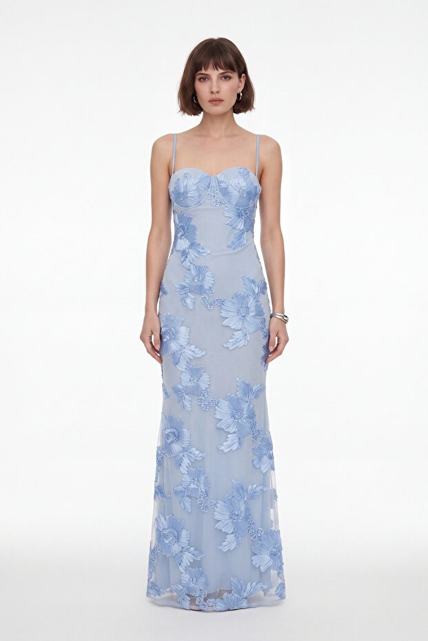 Women's Baby Blue Thin Straps Floral Patterned Long Formal Dress