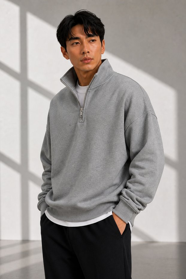 Unisex Half-Zipper Stand Collar 100% Cotton Soft Textured Sweatshirt Plain Pullover