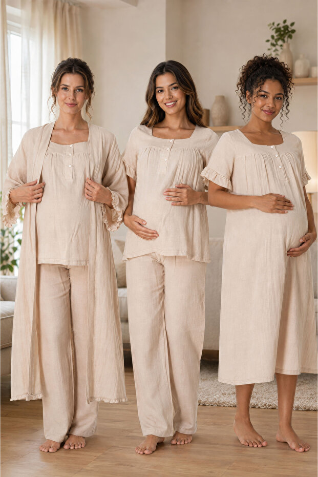 Comfortable Cut Muslin Fabric Maternity Set with Breastfeeding Features Effortt - Beige